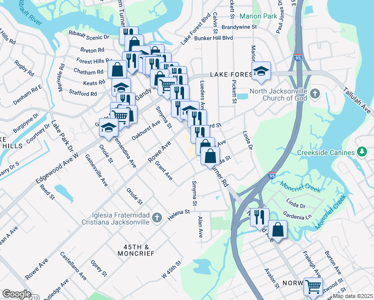 map of restaurants, bars, coffee shops, grocery stores, and more near 7441 Smyrna Street in Jacksonville