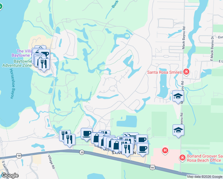 map of restaurants, bars, coffee shops, grocery stores, and more near 1301 Laurel Way in Miramar Beach