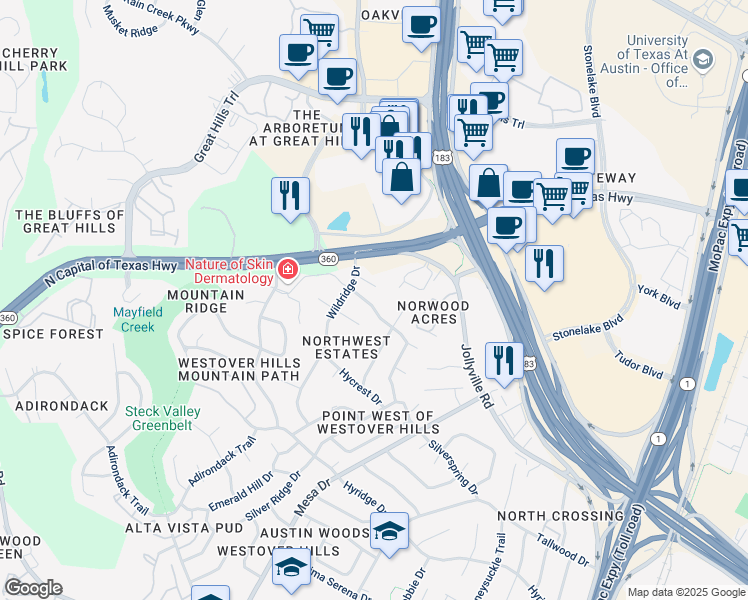 map of restaurants, bars, coffee shops, grocery stores, and more near 4200 Bluffridge Drive in Austin
