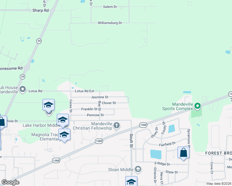 map of restaurants, bars, coffee shops, grocery stores, and more near 1334 Lotus Road Ext in Mandeville