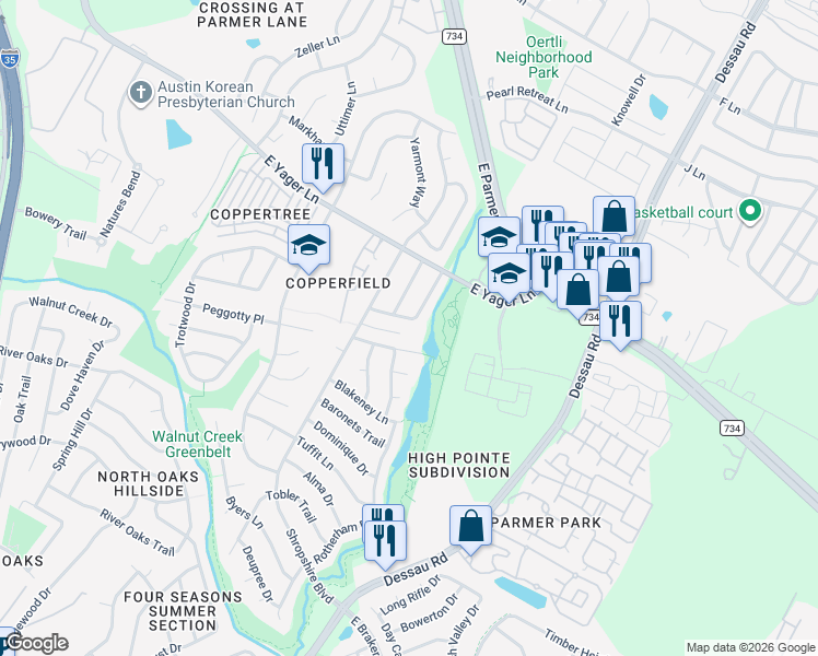 map of restaurants, bars, coffee shops, grocery stores, and more near 12219 Branston Drive in Austin
