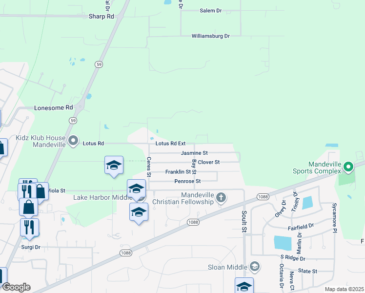 map of restaurants, bars, coffee shops, grocery stores, and more near 1526 Lotus Road in Mandeville