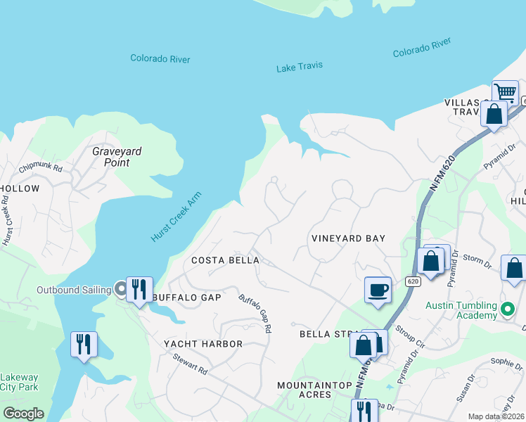 map of restaurants, bars, coffee shops, grocery stores, and more near 203 Bella Riva Drive in Austin