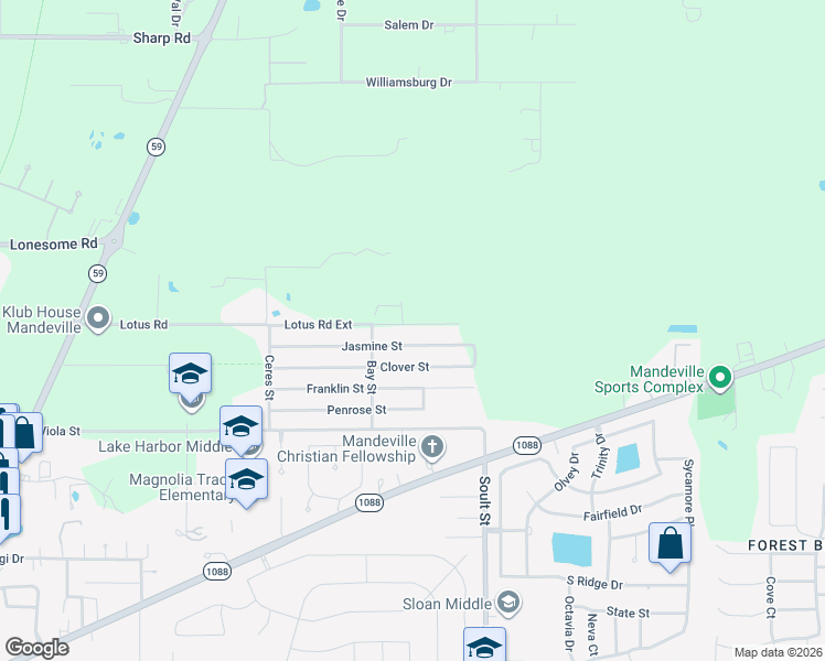 map of restaurants, bars, coffee shops, grocery stores, and more near 1334 Lotus Road Ext in Mandeville