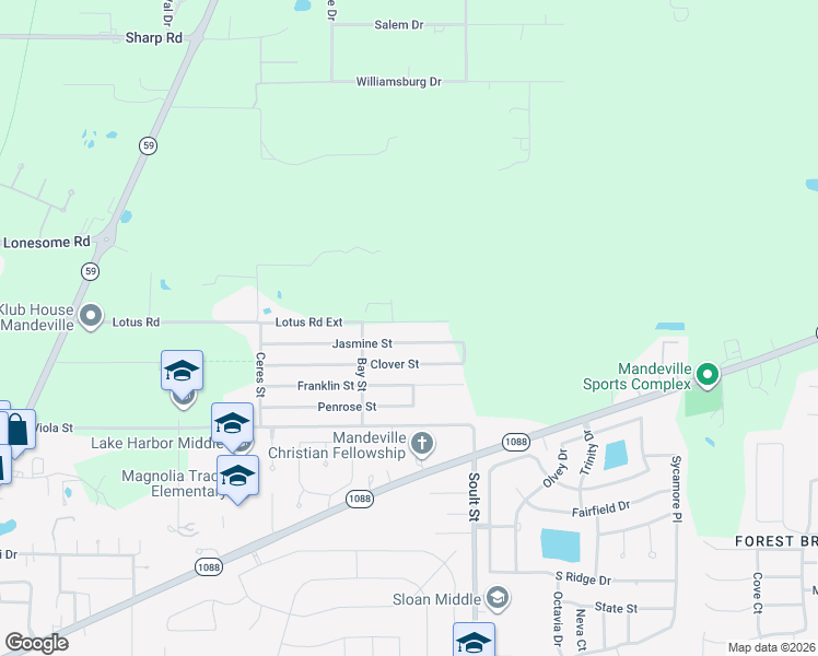 map of restaurants, bars, coffee shops, grocery stores, and more near 1334 Lotus Road Ext in Mandeville
