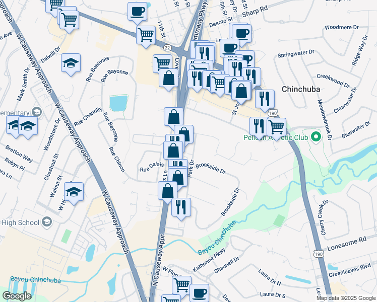 map of restaurants, bars, coffee shops, grocery stores, and more near 1350 Park Drive in Mandeville