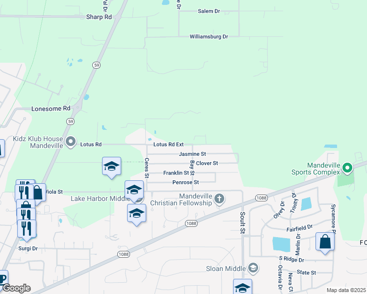 map of restaurants, bars, coffee shops, grocery stores, and more near 1526 Lotus Road in Mandeville