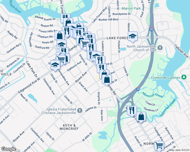 map of restaurants, bars, coffee shops, grocery stores, and more near 7441 Smyrna Street in Jacksonville