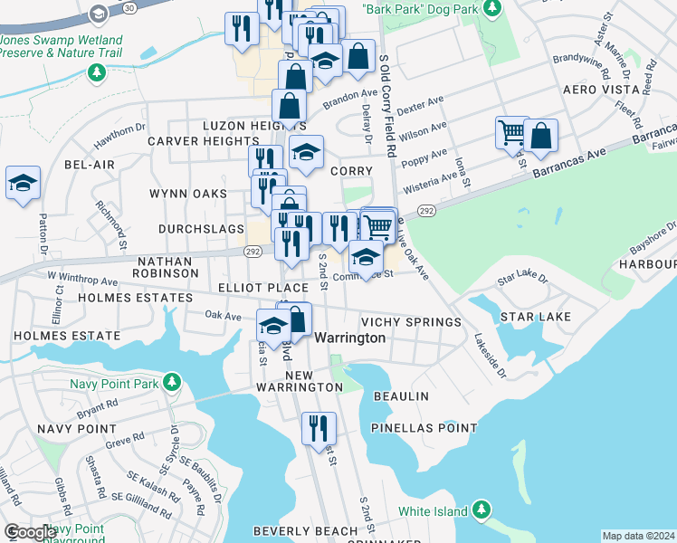 map of restaurants, bars, coffee shops, grocery stores, and more near 12 South 2nd Street in Pensacola