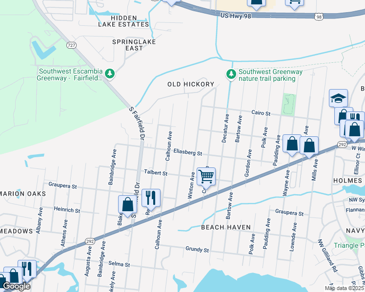 map of restaurants, bars, coffee shops, grocery stores, and more near 921 Bremen Avenue in Pensacola