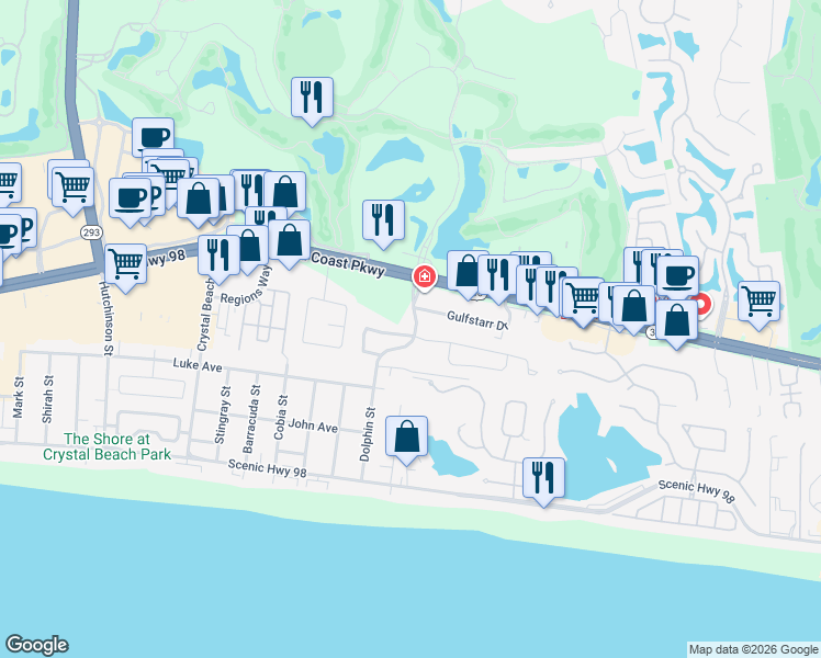 map of restaurants, bars, coffee shops, grocery stores, and more near 4601 Wood Wind Drive in Destin