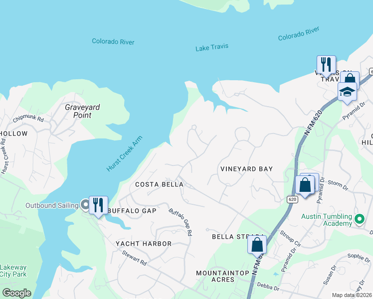 map of restaurants, bars, coffee shops, grocery stores, and more near 204 Bella Riva Drive in Austin
