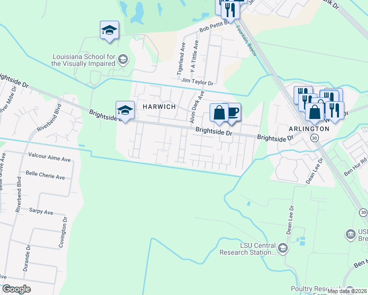 map of restaurants, bars, coffee shops, grocery stores, and more near 5232 Brightside View Drive in Baton Rouge