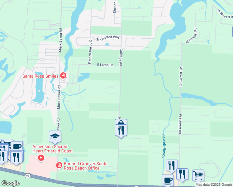 map of restaurants, bars, coffee shops, grocery stores, and more near 101 Rivercrest Circle in Santa Rosa Beach