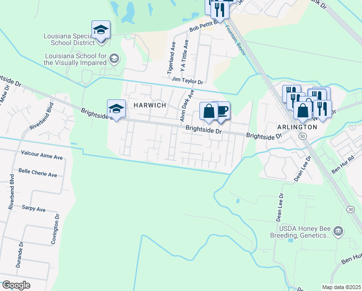 map of restaurants, bars, coffee shops, grocery stores, and more near 5230 Brightside View Drive in Baton Rouge