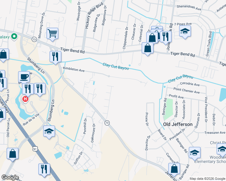 map of restaurants, bars, coffee shops, grocery stores, and more near 6129 Ridge Way Avenue in Baton Rouge