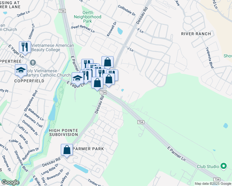 map of restaurants, bars, coffee shops, grocery stores, and more near 1724 East Parmer Lane in Austin