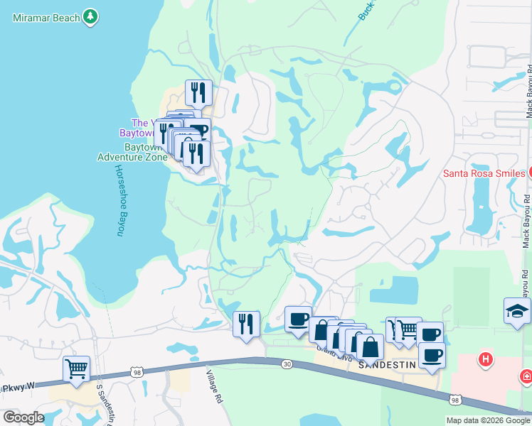 map of restaurants, bars, coffee shops, grocery stores, and more near 8555 Turnberry Court in Miramar Beach
