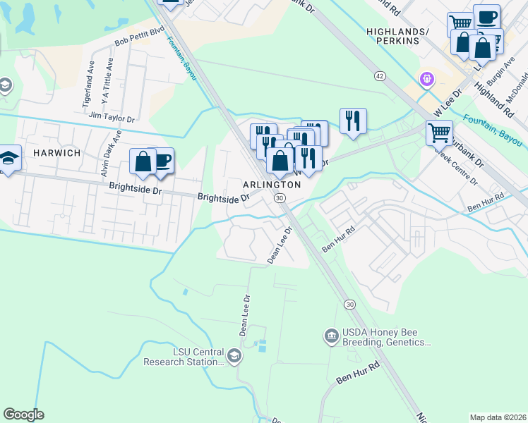 map of restaurants, bars, coffee shops, grocery stores, and more near 900 Dean Lee Drive in Baton Rouge