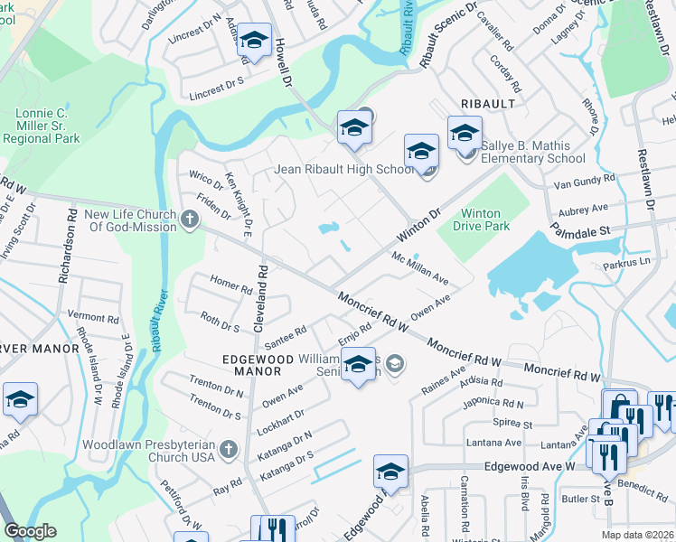 map of restaurants, bars, coffee shops, grocery stores, and more near 4020 Leonnie Road in Jacksonville