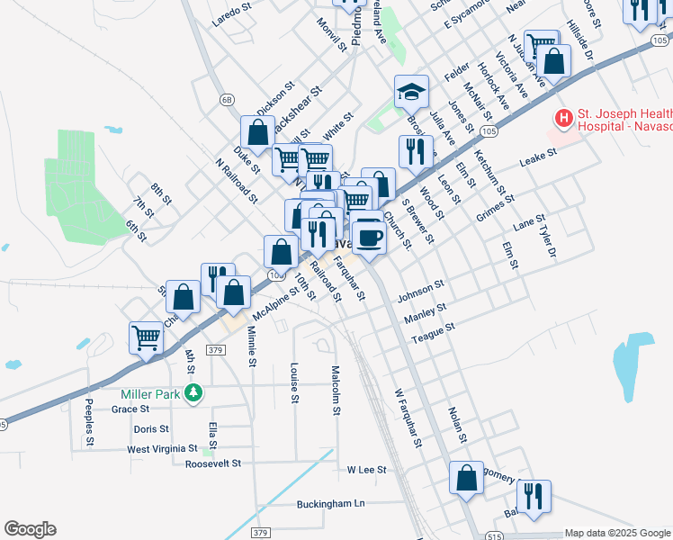 map of restaurants, bars, coffee shops, grocery stores, and more near 200 Farquhar Street in Navasota