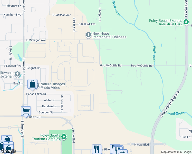 map of restaurants, bars, coffee shops, grocery stores, and more near 1020 Pheasant Circle in Foley