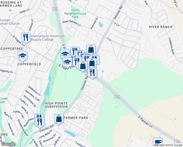 map of restaurants, bars, coffee shops, grocery stores, and more near 1700 East Parmer Lane in Austin