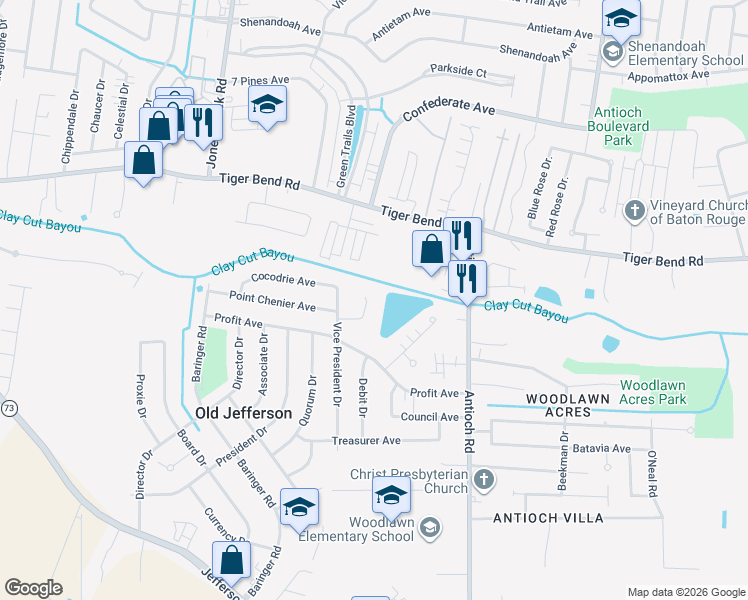map of restaurants, bars, coffee shops, grocery stores, and more near 7043 Point Avery Drive in Baton Rouge