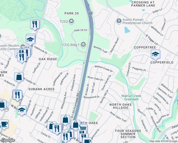 map of restaurants, bars, coffee shops, grocery stores, and more near 12006 North Oaks Drive in Austin