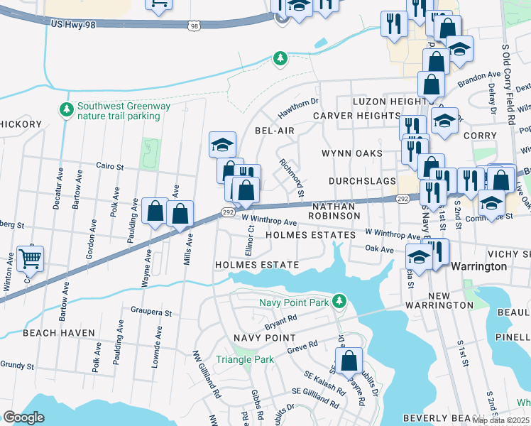 map of restaurants, bars, coffee shops, grocery stores, and more near 901 Gulf Beach Highway in Pensacola