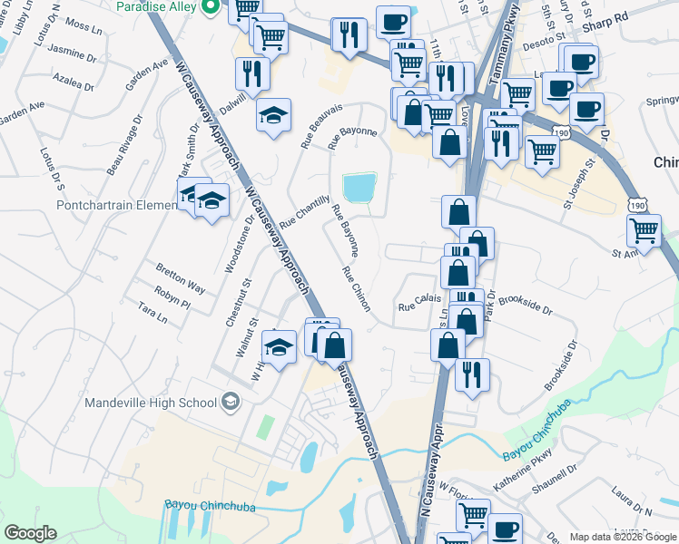 map of restaurants, bars, coffee shops, grocery stores, and more near 1100 Rue Chinon in Mandeville