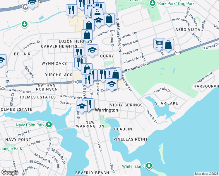 map of restaurants, bars, coffee shops, grocery stores, and more near 340 Commerce Street in Pensacola