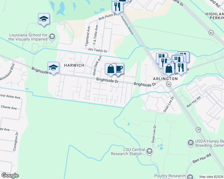map of restaurants, bars, coffee shops, grocery stores, and more near 1855 Brightside Drive in Baton Rouge