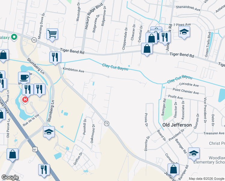 map of restaurants, bars, coffee shops, grocery stores, and more near 6129 Ridge Way Avenue in Baton Rouge
