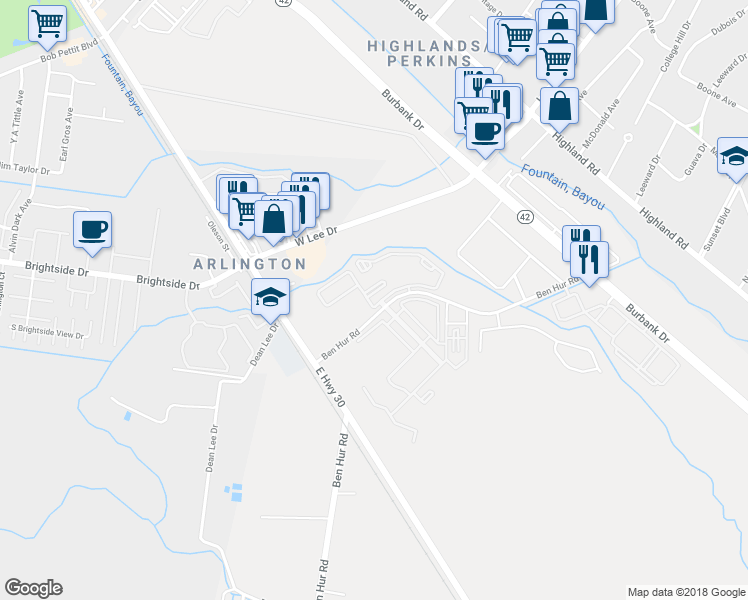 map of restaurants, bars, coffee shops, grocery stores, and more near 2 Ben Hur Road in Baton Rouge