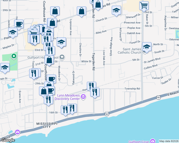map of restaurants, bars, coffee shops, grocery stores, and more near 365 Tegarden Road in Gulfport