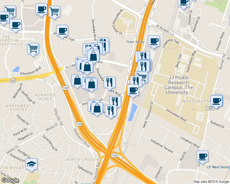 map of restaurants, bars, coffee shops, grocery stores, and more near York Boulevard in Austin