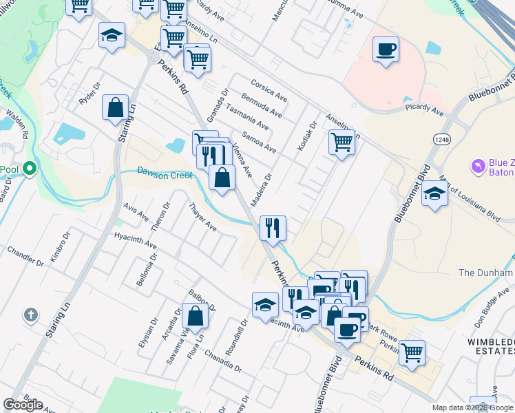 map of restaurants, bars, coffee shops, grocery stores, and more near 2966 Madeira Drive in Baton Rouge
