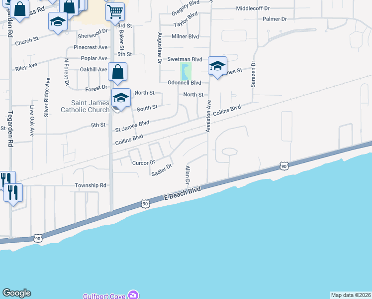 map of restaurants, bars, coffee shops, grocery stores, and more near 2319 Anniston Oaks Drive in Gulfport