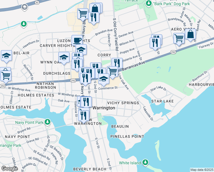 map of restaurants, bars, coffee shops, grocery stores, and more near 340 Commerce St in Pensacola