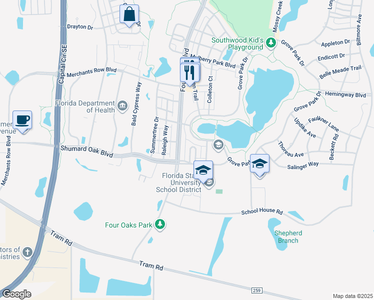 map of restaurants, bars, coffee shops, grocery stores, and more near 4287 Four Oaks Boulevard in Tallahassee