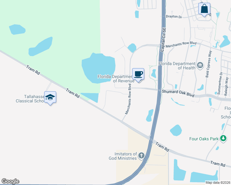 map of restaurants, bars, coffee shops, grocery stores, and more near 2450 Shumard Oak Boulevard in Tallahassee