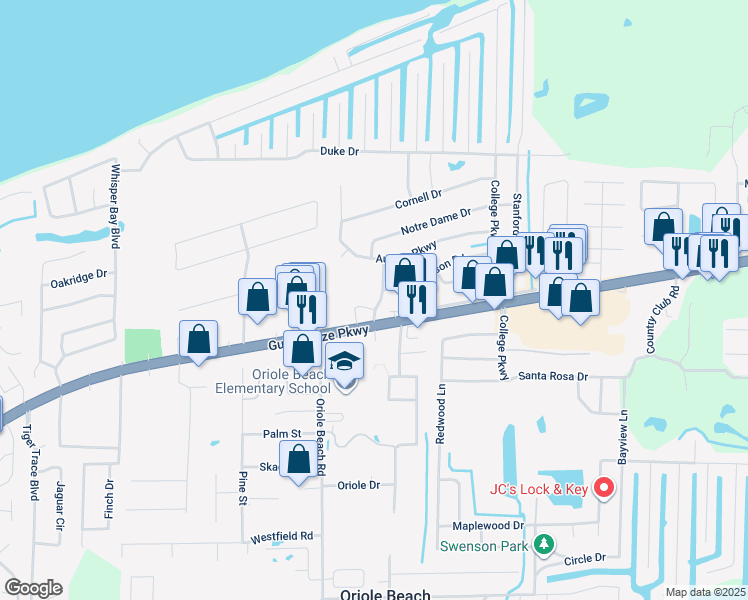 map of restaurants, bars, coffee shops, grocery stores, and more near 1349 Harvard Drive in Gulf Breeze