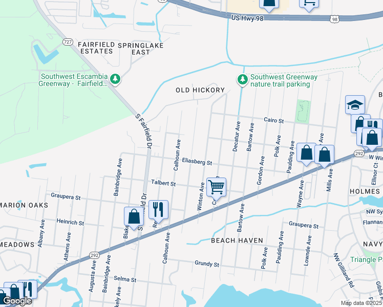 map of restaurants, bars, coffee shops, grocery stores, and more near 921 Bremen Avenue in Pensacola