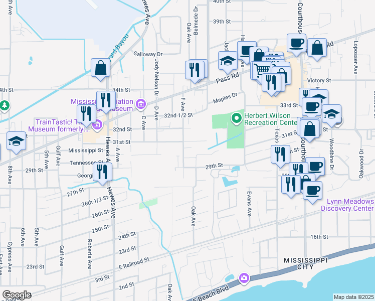 map of restaurants, bars, coffee shops, grocery stores, and more near 112 30th 1/2 Street in Gulfport