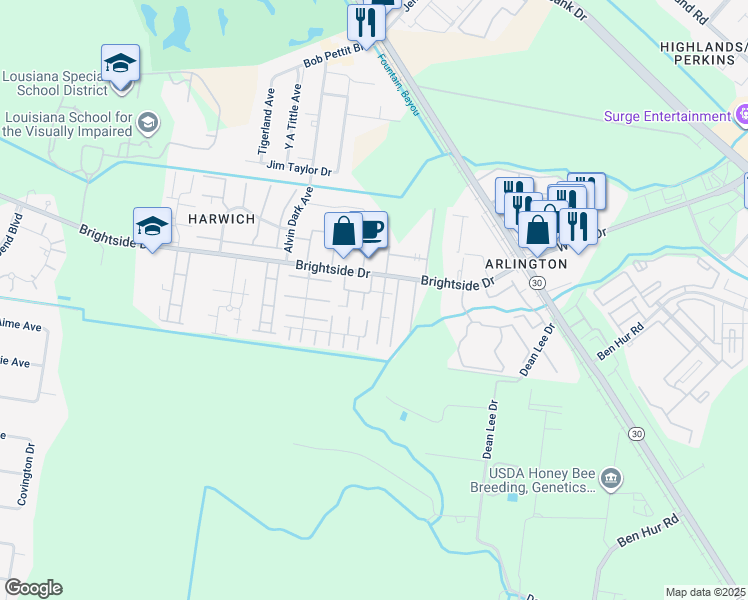 map of restaurants, bars, coffee shops, grocery stores, and more near 1855 Brightside Drive in Baton Rouge
