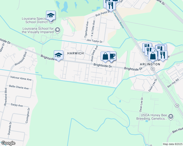map of restaurants, bars, coffee shops, grocery stores, and more near 5230 Brightside View Drive in Baton Rouge