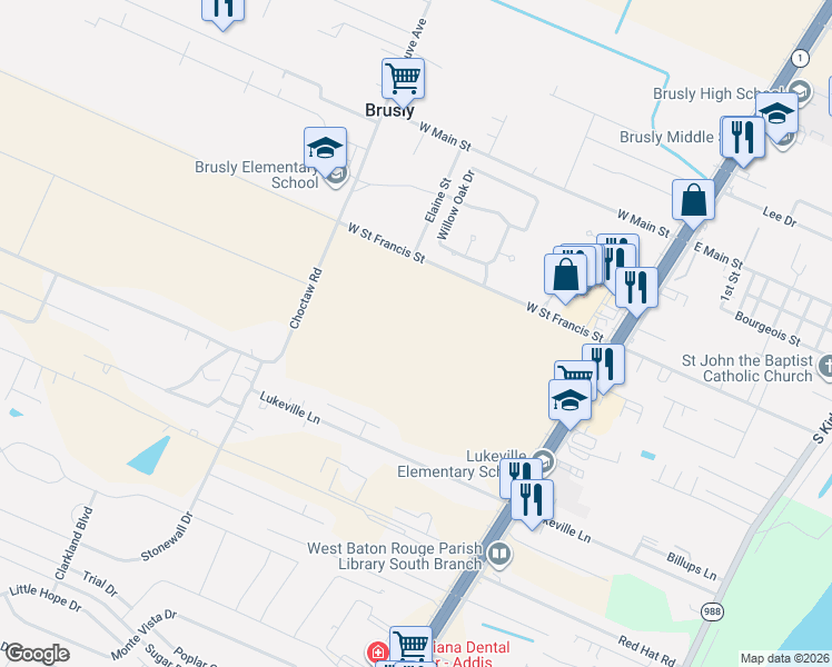 map of restaurants, bars, coffee shops, grocery stores, and more near West Saint Francis Street in Brusly