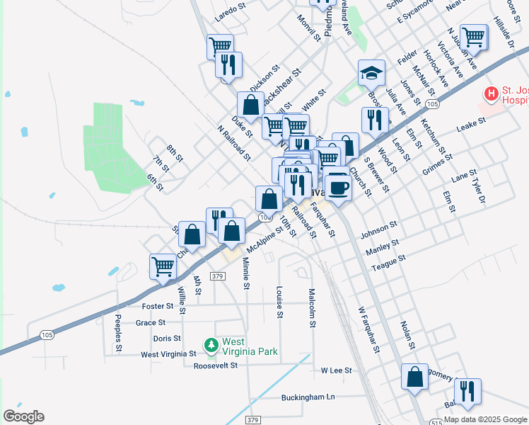 map of restaurants, bars, coffee shops, grocery stores, and more near 9th St in Navasota
