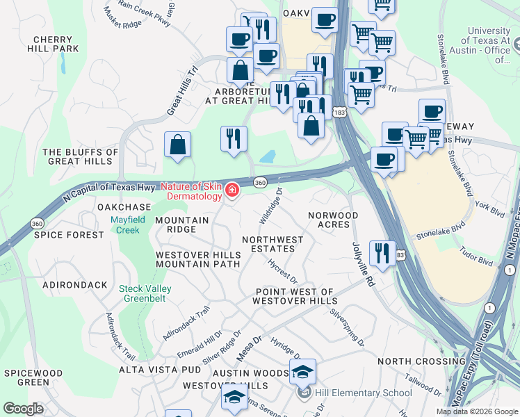 map of restaurants, bars, coffee shops, grocery stores, and more near 4306 Cliffwood Circle in Austin
